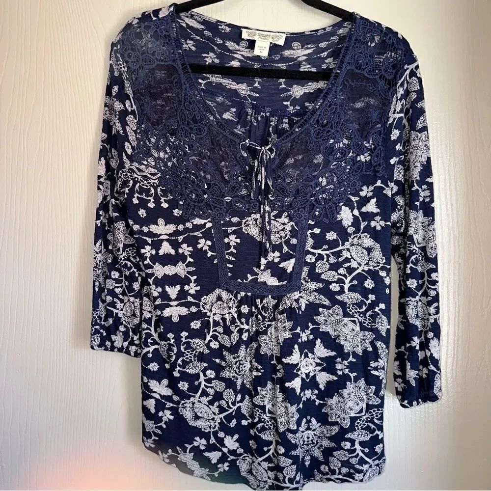 Vintage America Blue Floral tunic 3/4 sleeve Blouse sz Med